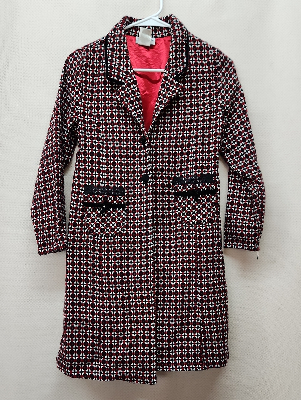 Girls Red Patterned Long Blazer Coat with Black Trim